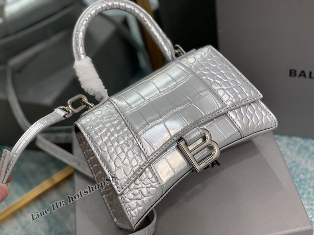 Balenciaga專櫃爆款Hourglass沙漏包 巴黎世家銀色鱷魚紋小號手提包 fyj1723